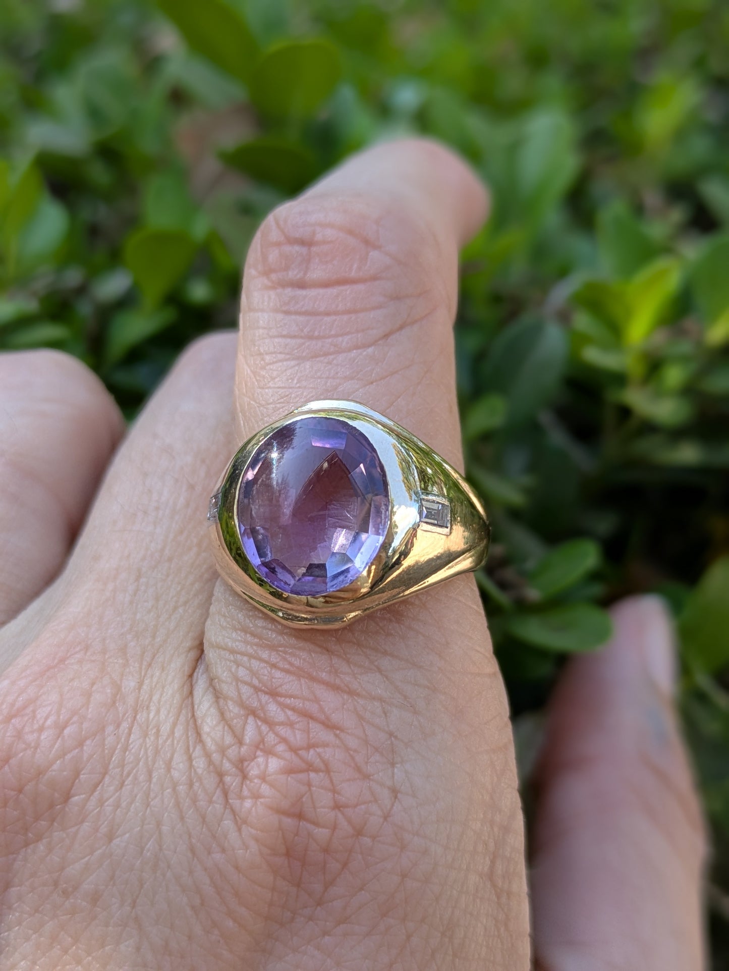 14k Amethyst Flush Set Ring with Diamond Baguettes
