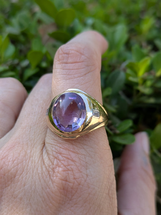 14k Amethyst Flush Set Ring with Diamond Baguettes