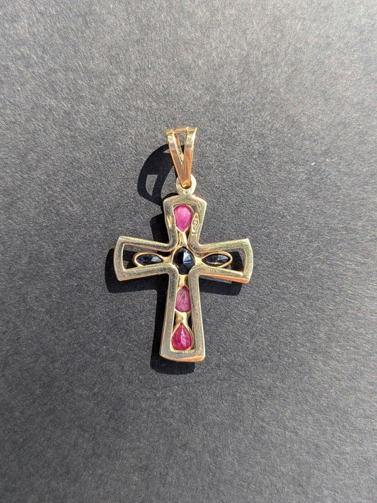 14k Ruby and Sapphire Cross Pendant