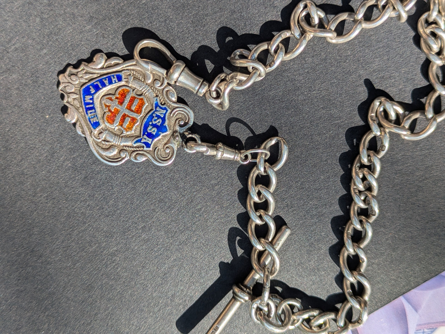 Birmingham Sterling 1913 Open Curb Chain with Dog Clip, T-Bar & Enamel Award Fob