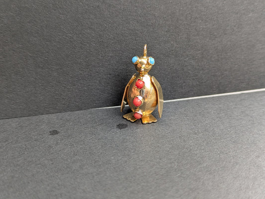 14k Art Deco Penguin Pendant with Turquoise Eyes and Coral Buttons