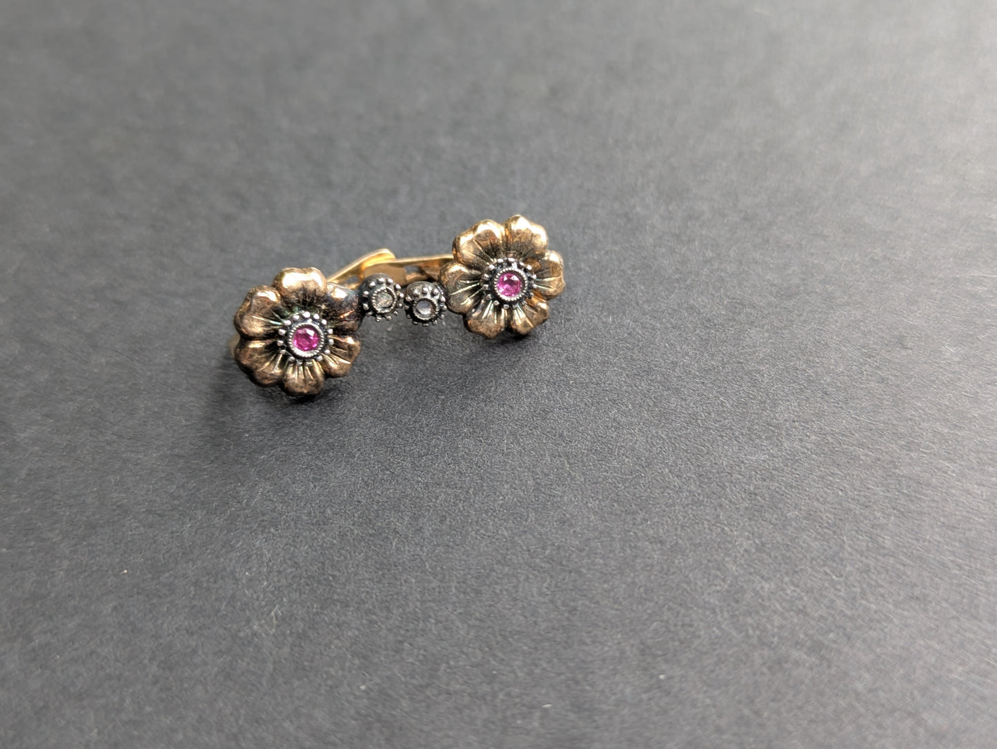 French 18k & Silver Ruby and Diamond Flower Earrings