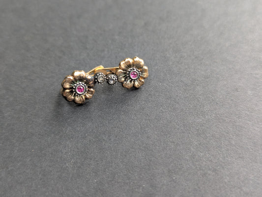 French 18k & Silver Ruby and Diamond Flower Earrings