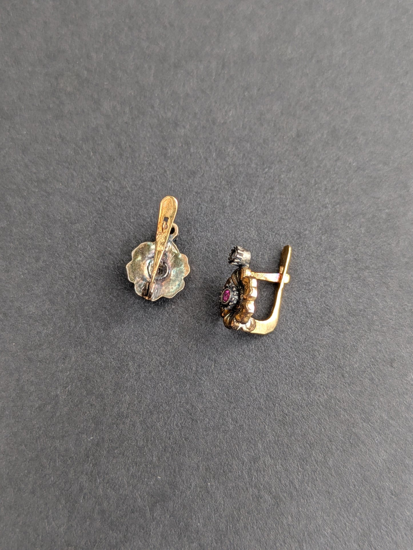 French 18k & Silver Ruby and Diamond Flower Earrings