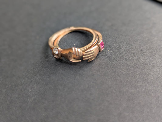Rose Gold Gimmel Ring with Ruby and Diamond