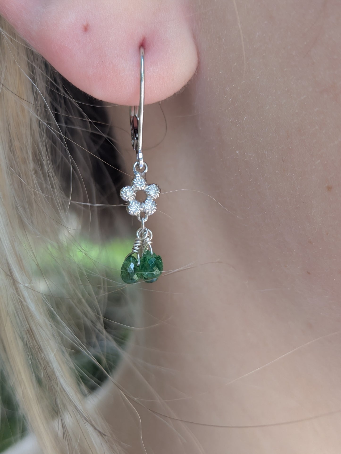 14k White Gold, Diamond Flower, & Tsavorite Garnet Earrings