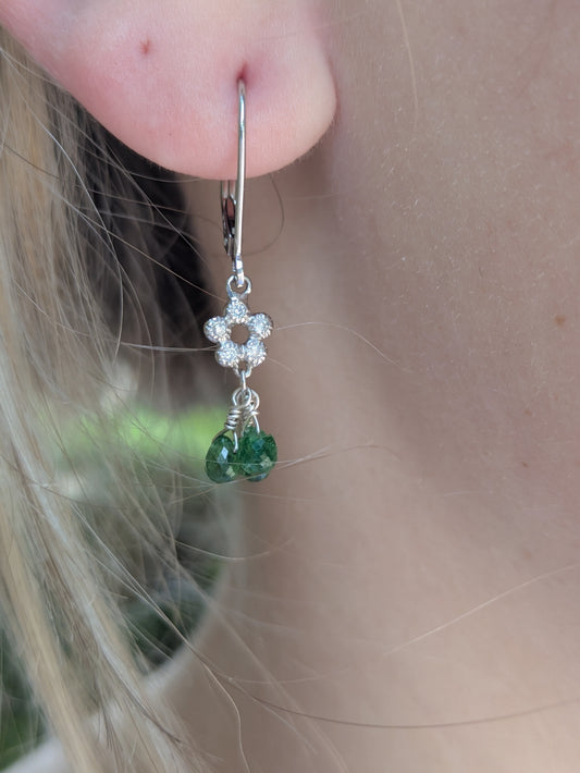 14k White Gold, Diamond Flower, & Tsavorite Garnet Earrings