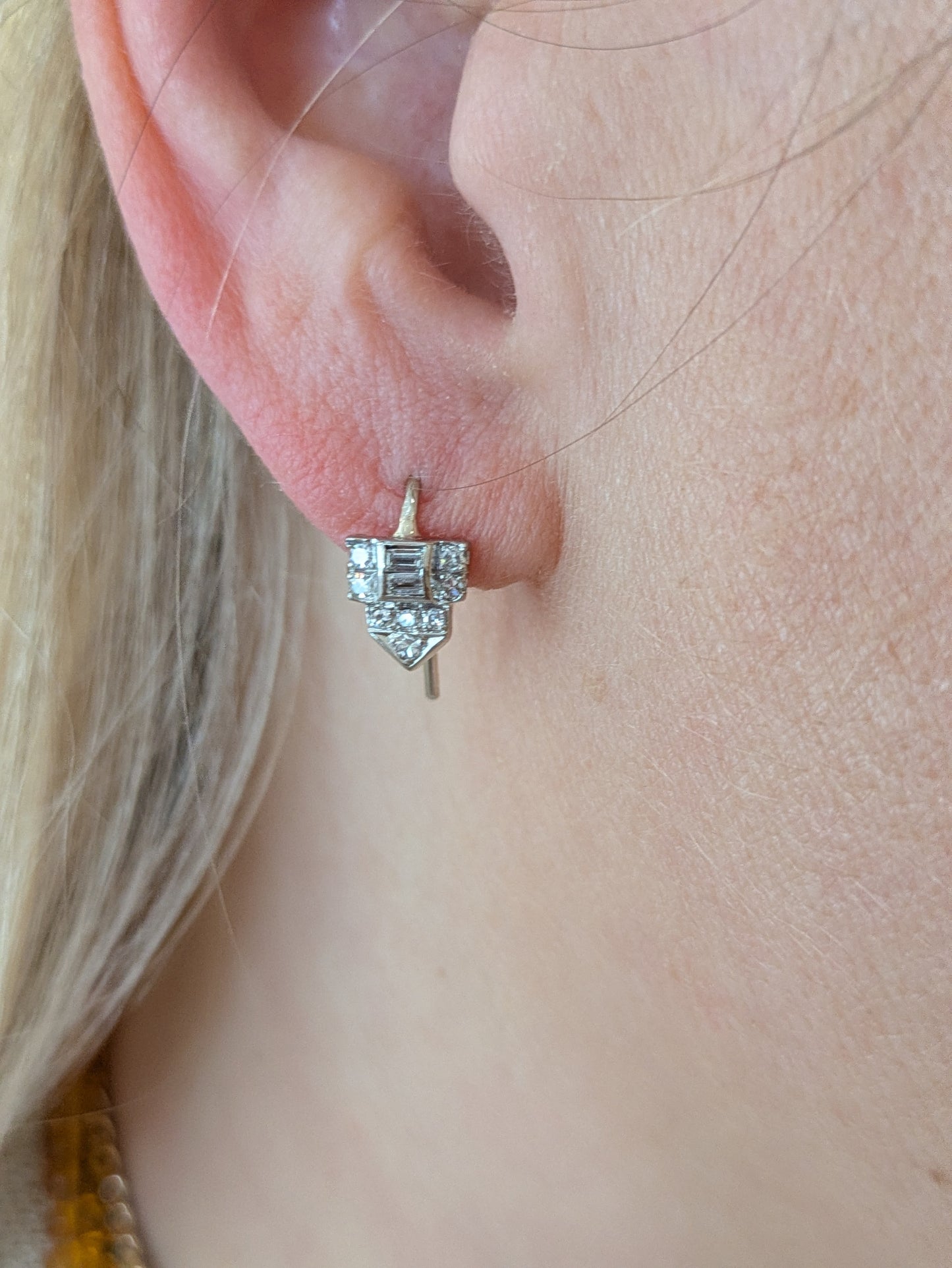 14k White Gold and Diamond Art Deco Shepard Hook Earrings