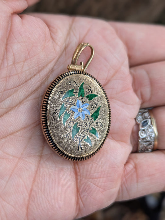 Signed Enamel Flower Locket with 15k and 16k Gold