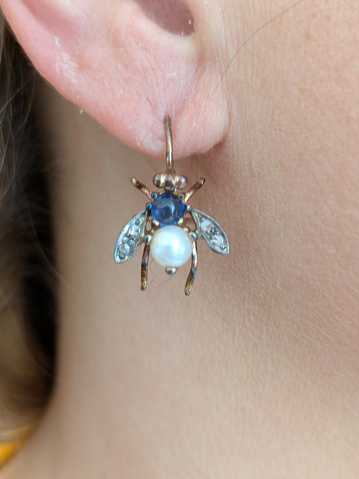 14k Fly Earrings with Pearl, Sapphire, and Single Cut Diamonds