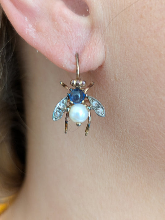 14k Fly Earrings with Pearl, Sapphire, and Single Cut Diamonds