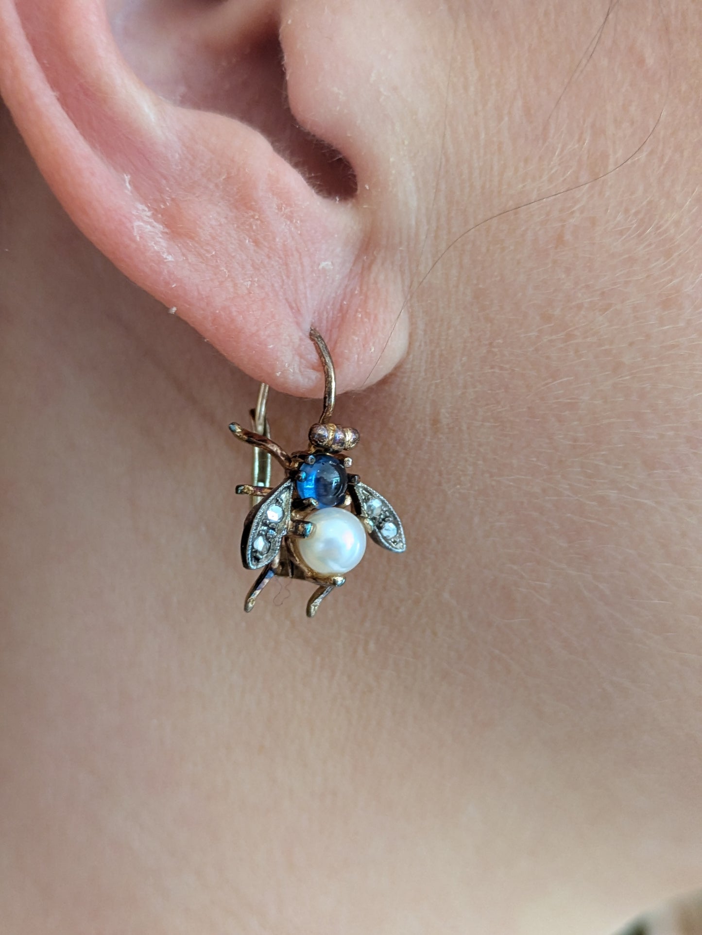 14k Fly Earrings with Pearl, Sapphire, and Single Cut Diamonds