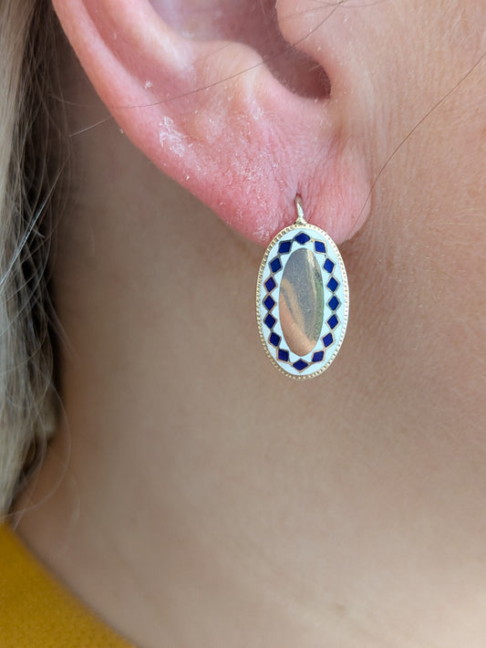 14k Navy and White Enamel Earrings