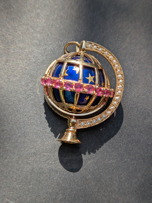 14k Globe Pendant with Ruby, Pearl, and Blue + Gold Enamel