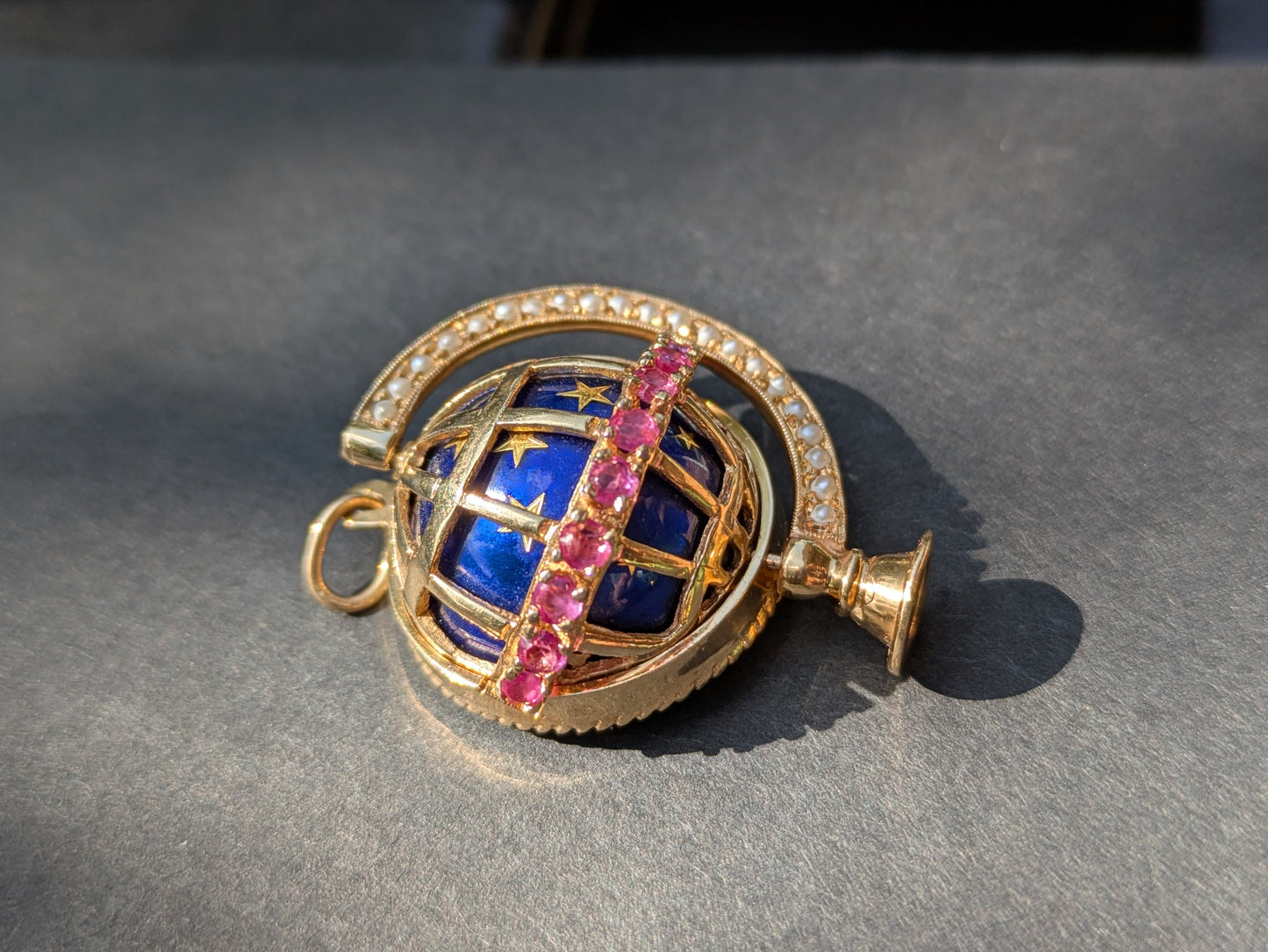 14k Globe Pendant with Ruby, Pearl, and Blue + Gold Enamel