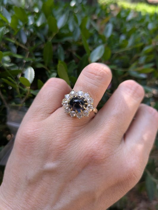 Sugar Loaf Sapphire Ring with 3.8ct Old European Cut Halo