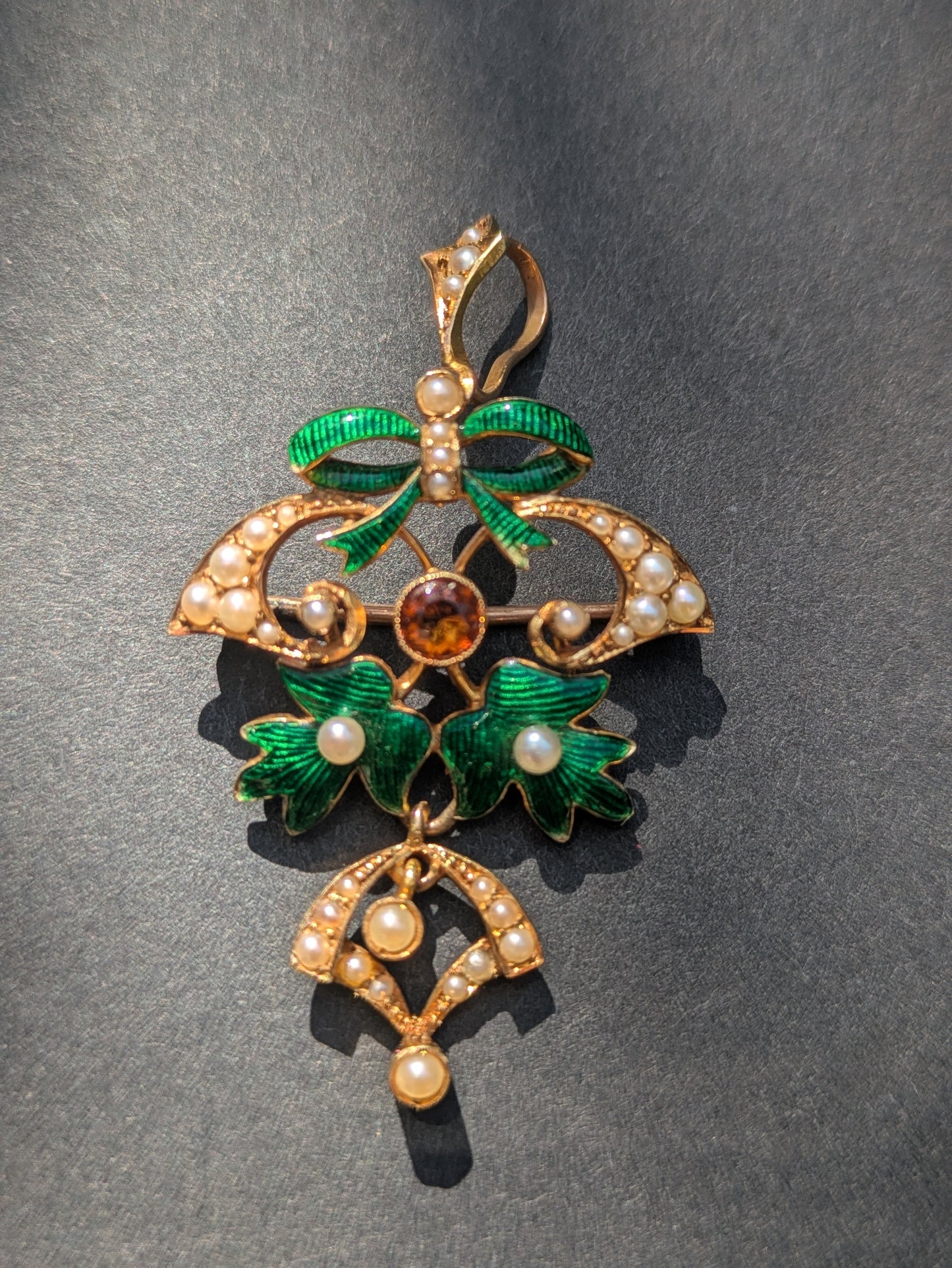 15k Interwar Years Pearl, Enamel, and Citrine Pendant/Pin