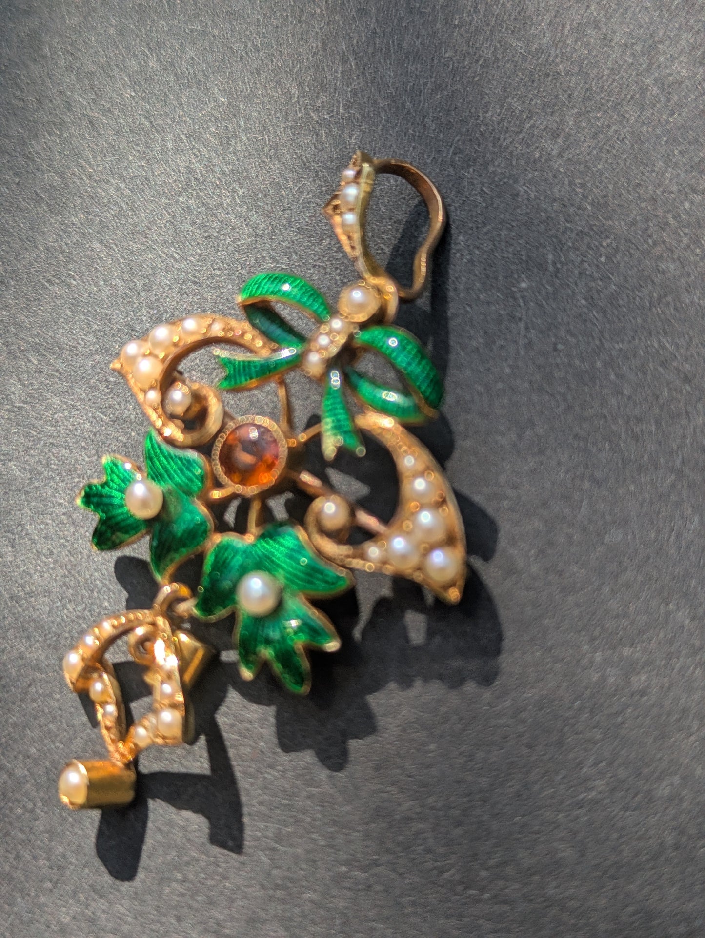 15k Interwar Years Pearl, Enamel, and Citrine Pendant/Pin