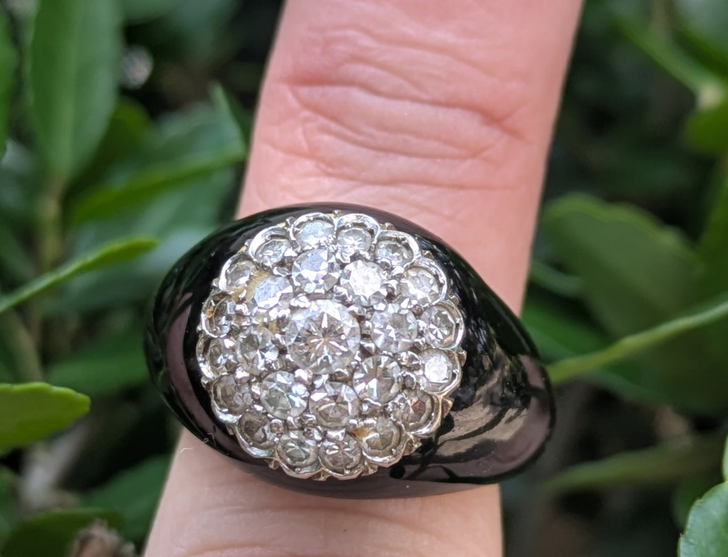 18k Diamond Cluster and Black Enamel Ring