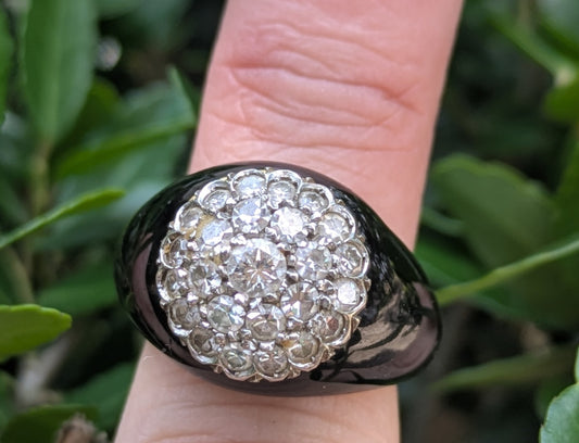 18k Diamond Cluster and Black Enamel Ring