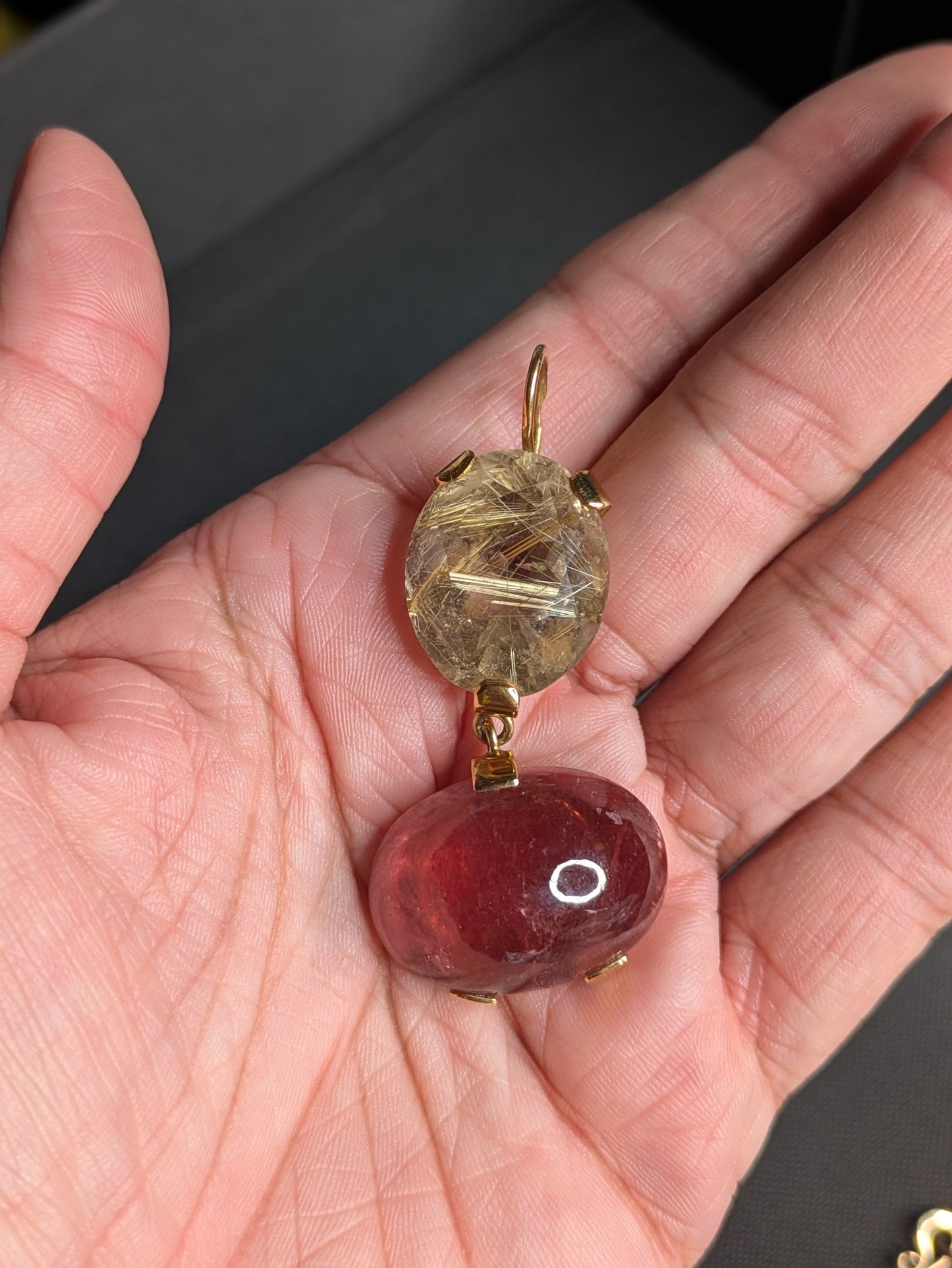 18k Rudilated Quartz and Pink Tourmaline Pendant