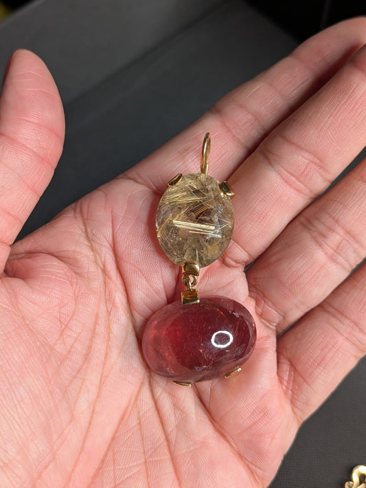 18k Rudilated Quartz and Pink Tourmaline Pendant