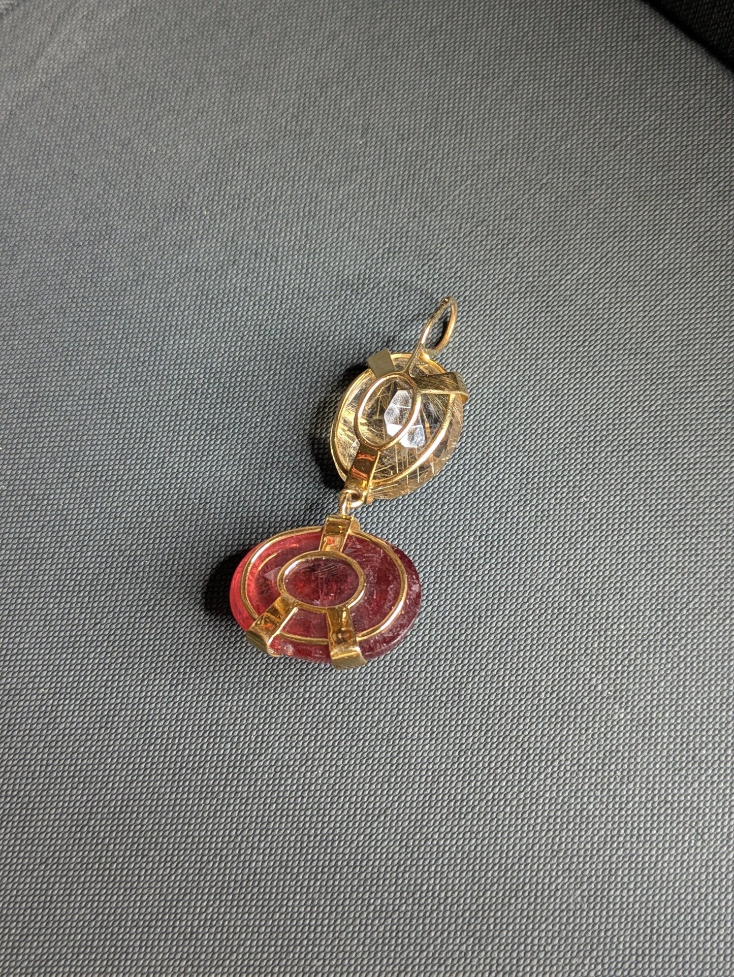 18k Rudilated Quartz and Pink Tourmaline Pendant