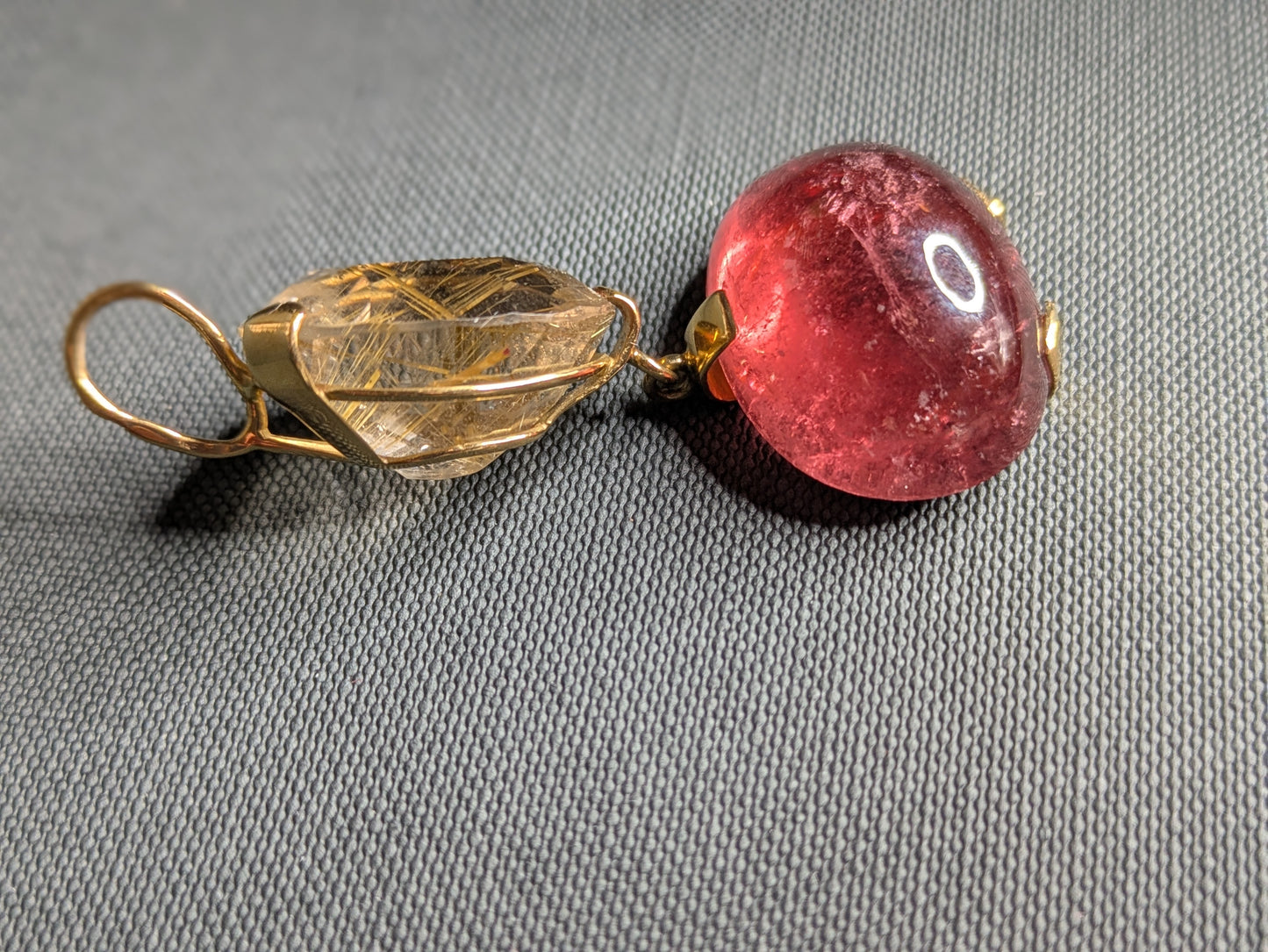 18k Rudilated Quartz and Pink Tourmaline Pendant