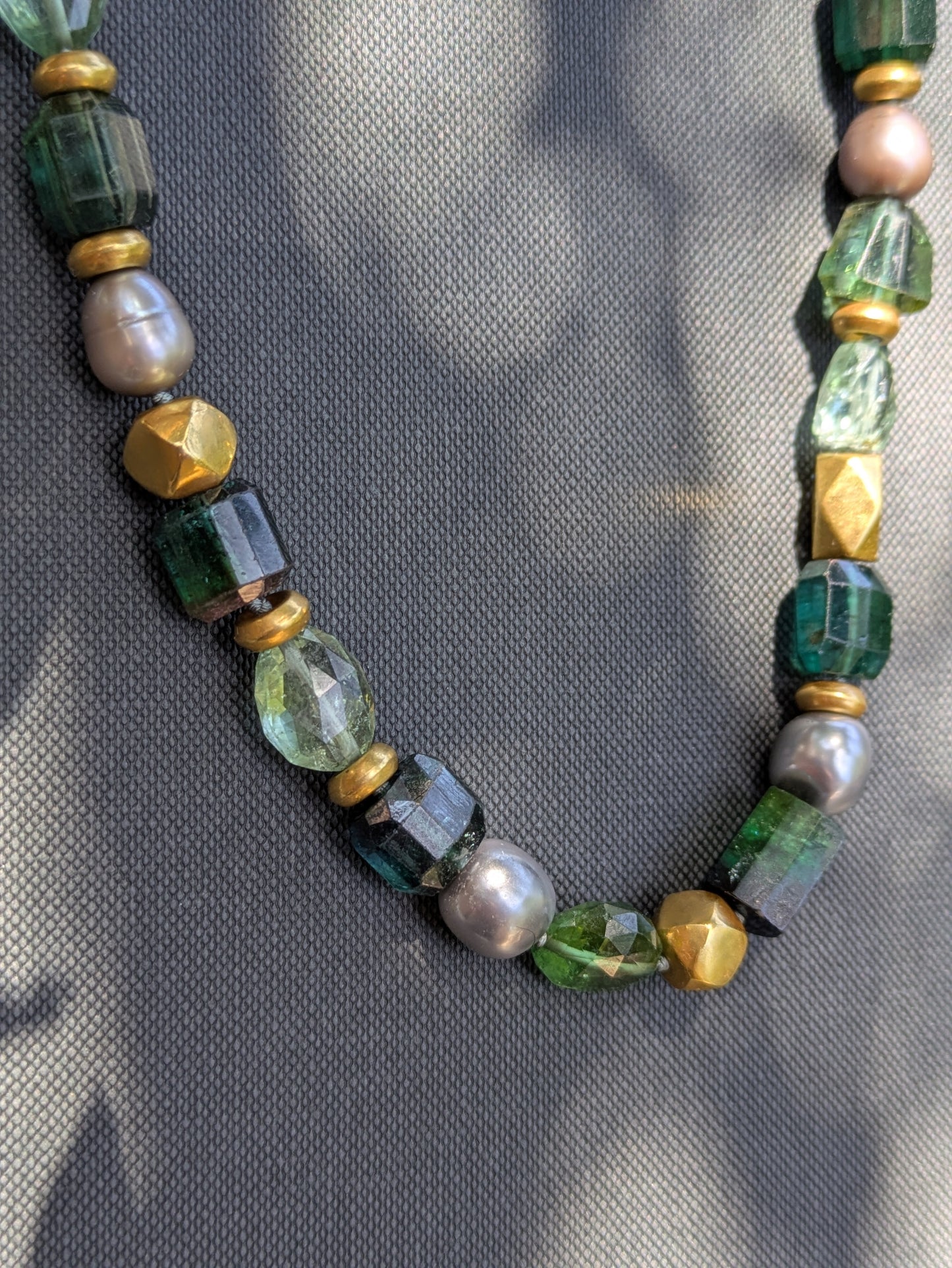 Hammered 20k Clasp on Tourmaline and Gray Pearl Necklace with 18k Beads