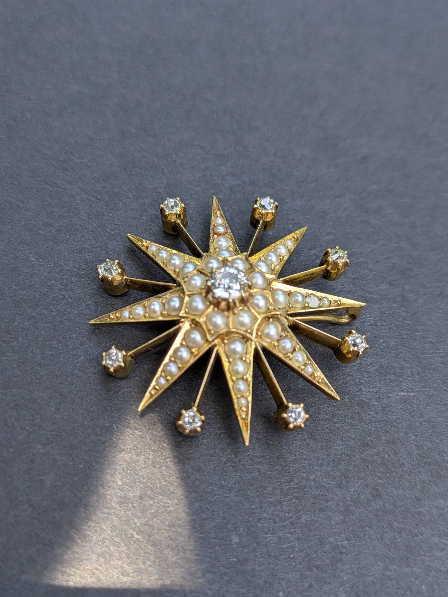 15k Interwar Years Diamond and Pearl Starburst Pendant