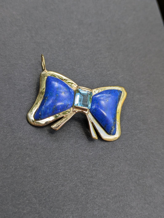 Large 14k Bow Pendant with Lapiz and Blue Topaz