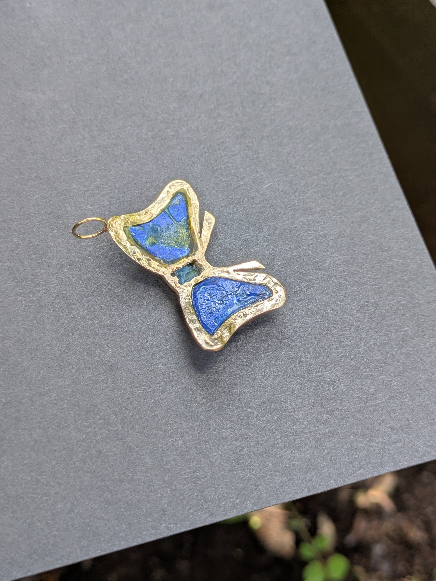 Large 14k Bow Pendant with Lapiz and Blue Topaz