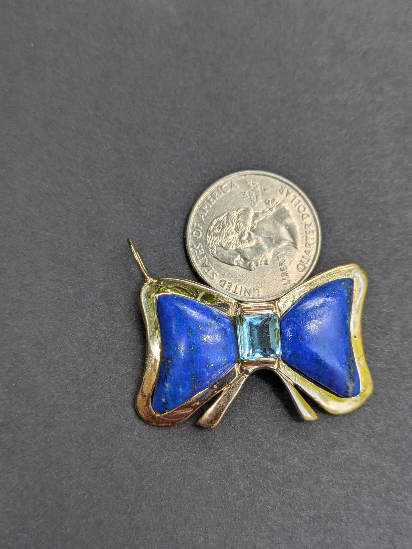 Large 14k Bow Pendant with Lapiz and Blue Topaz