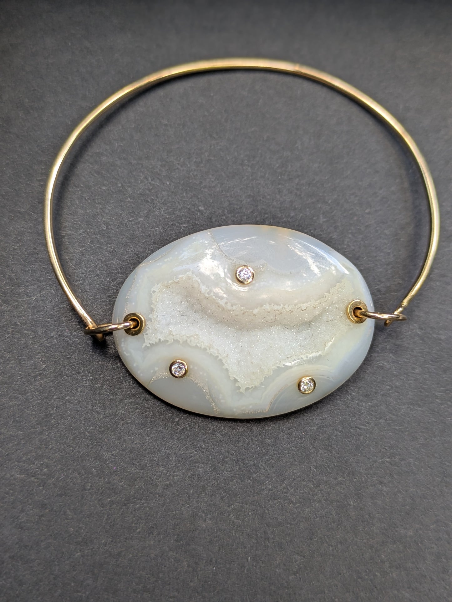 14k Bangle Bracelet with Druzy Quartz set with Diamonds