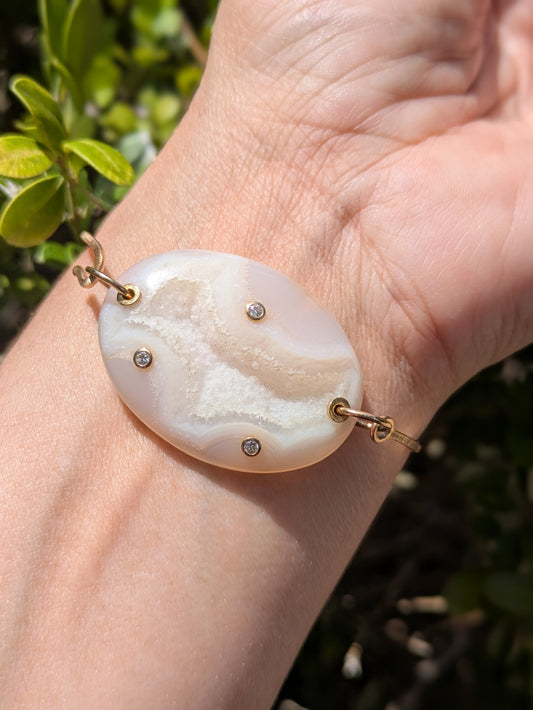 14k Bangle Bracelet with Druzy Quartz set with Diamonds
