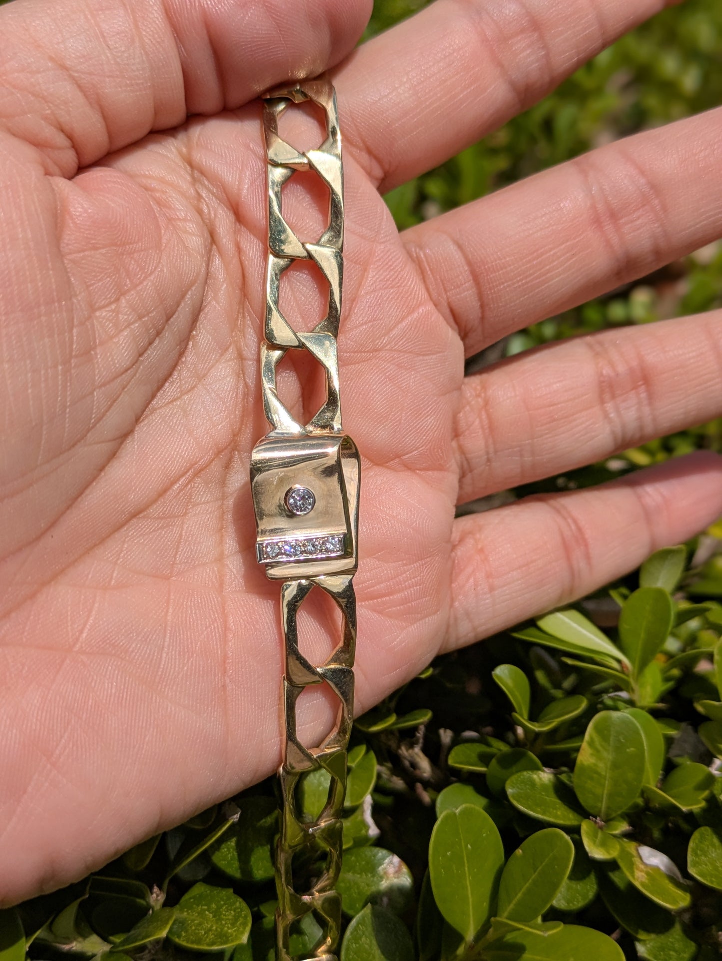 14k Center with Diamonds on 10k Squared Curb Bracelet