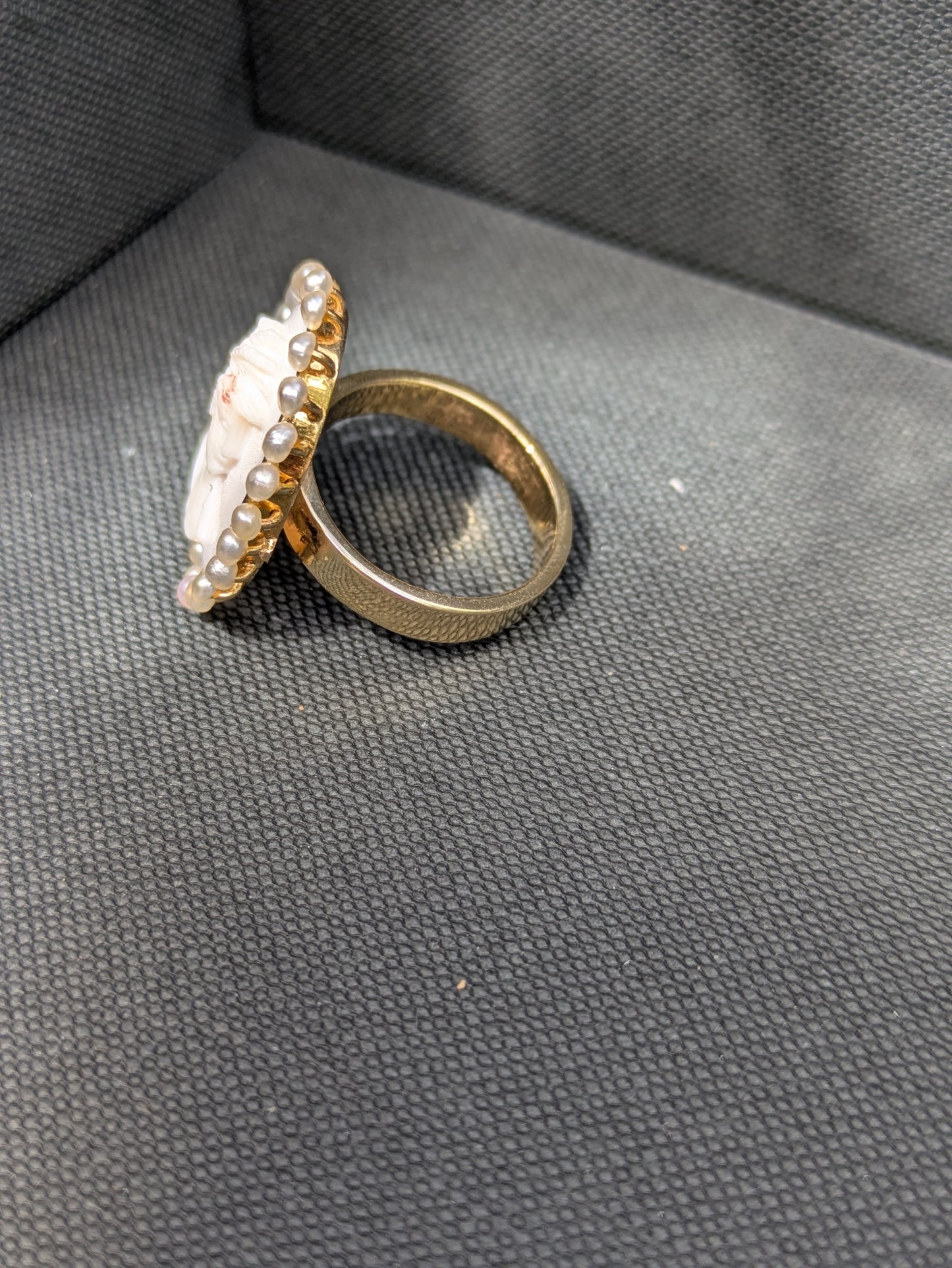 14k Coral Cameo Ring with Natural Pearl Halo