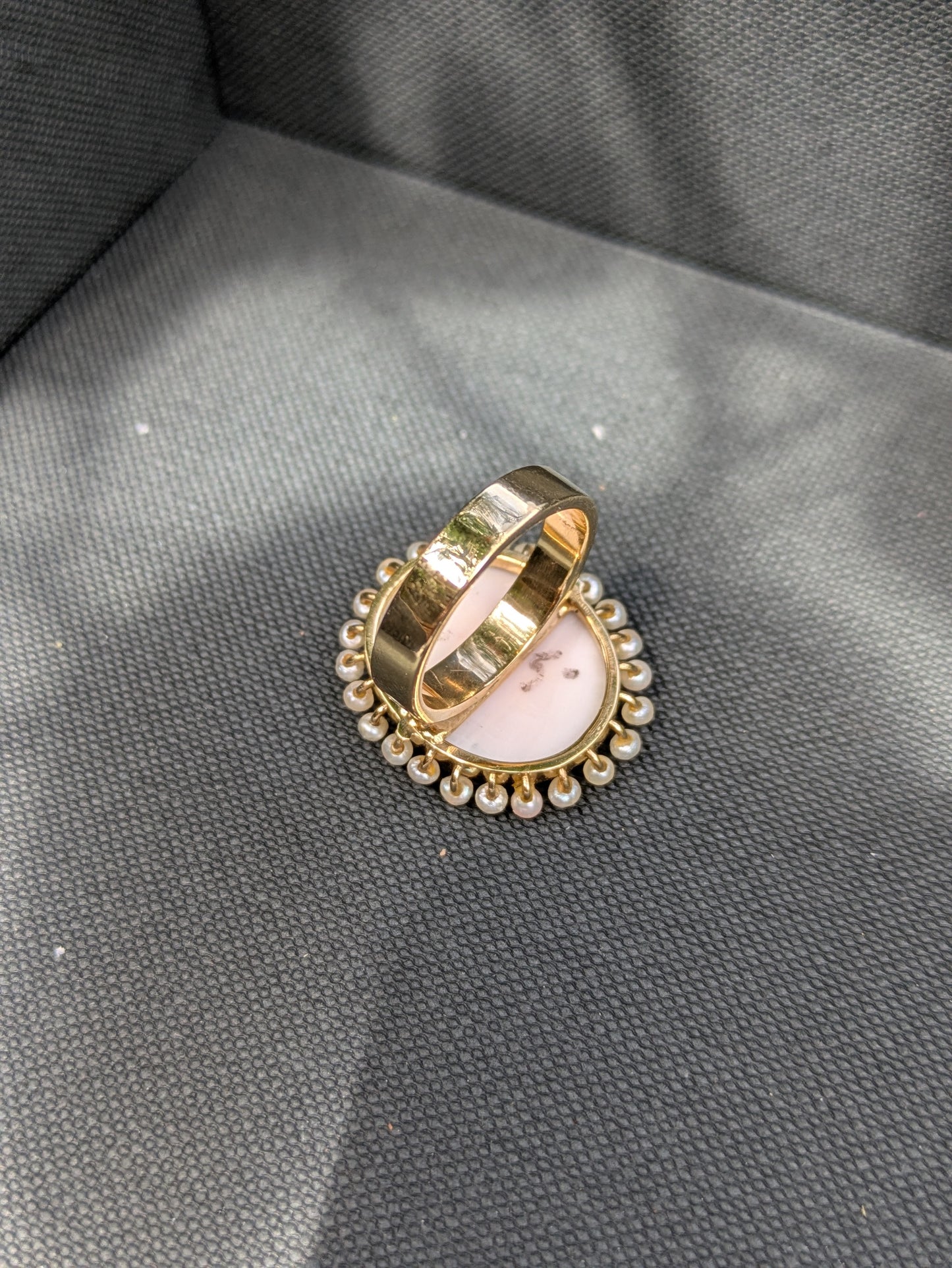 14k Coral Cameo Ring with Natural Pearl Halo