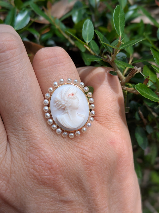 14k Coral Cameo Ring with Natural Pearl Halo
