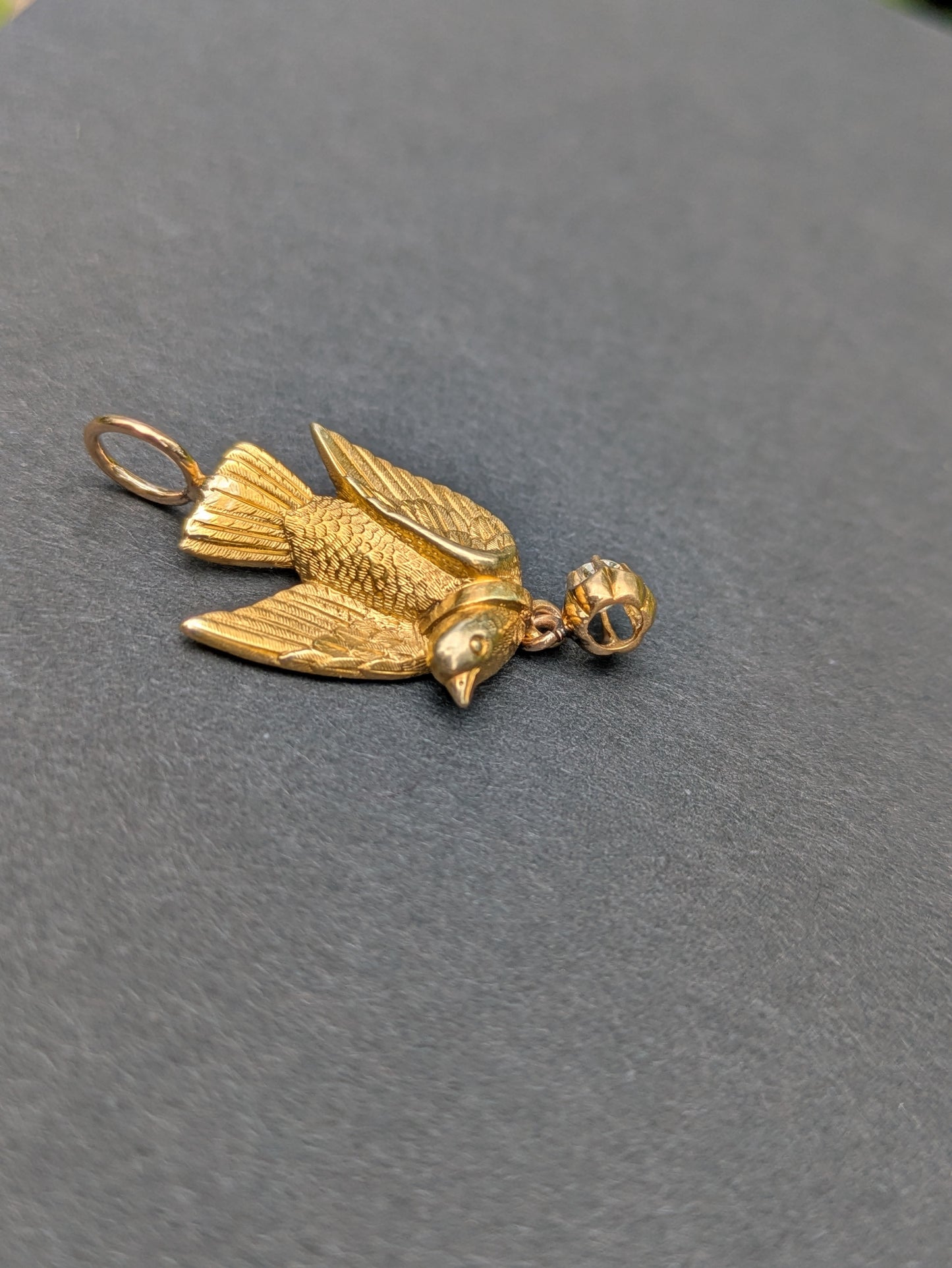18k French Dove Pendant with Mine Cut Diamond Drop