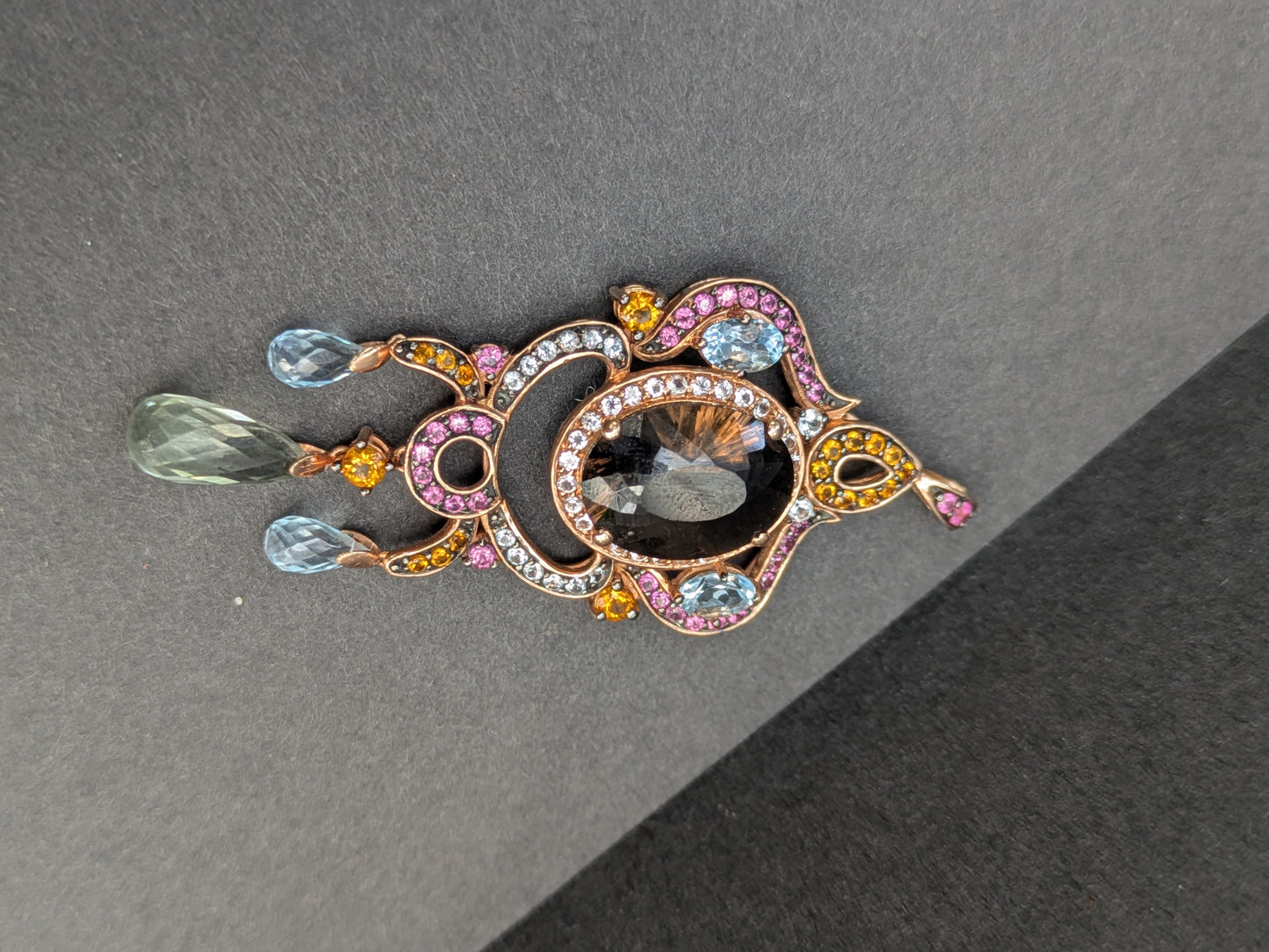 14k Modern Rose Gold Semi-Precious Topaz, Pink Sapphire, & Diamond Pendant