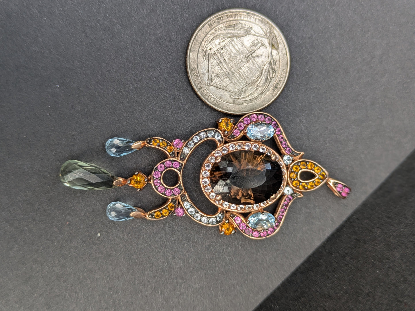 14k Modern Rose Gold Semi-Precious Topaz, Pink Sapphire, & Diamond Pendant