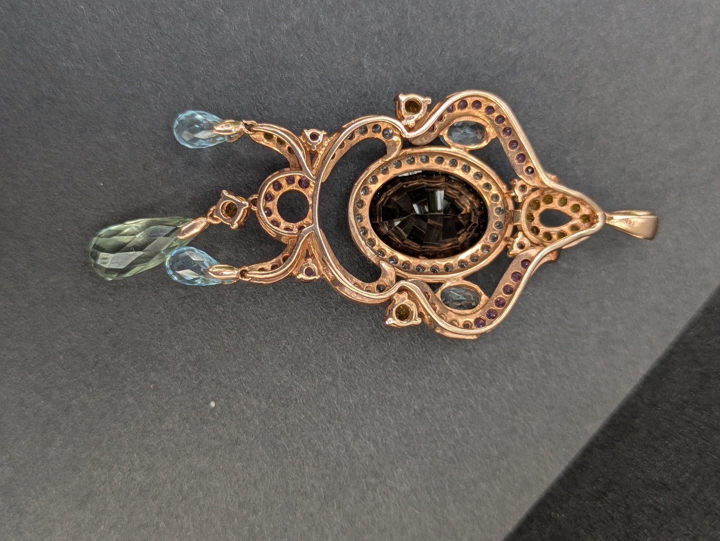 14k Modern Rose Gold Semi-Precious Topaz, Pink Sapphire, & Diamond Pendant