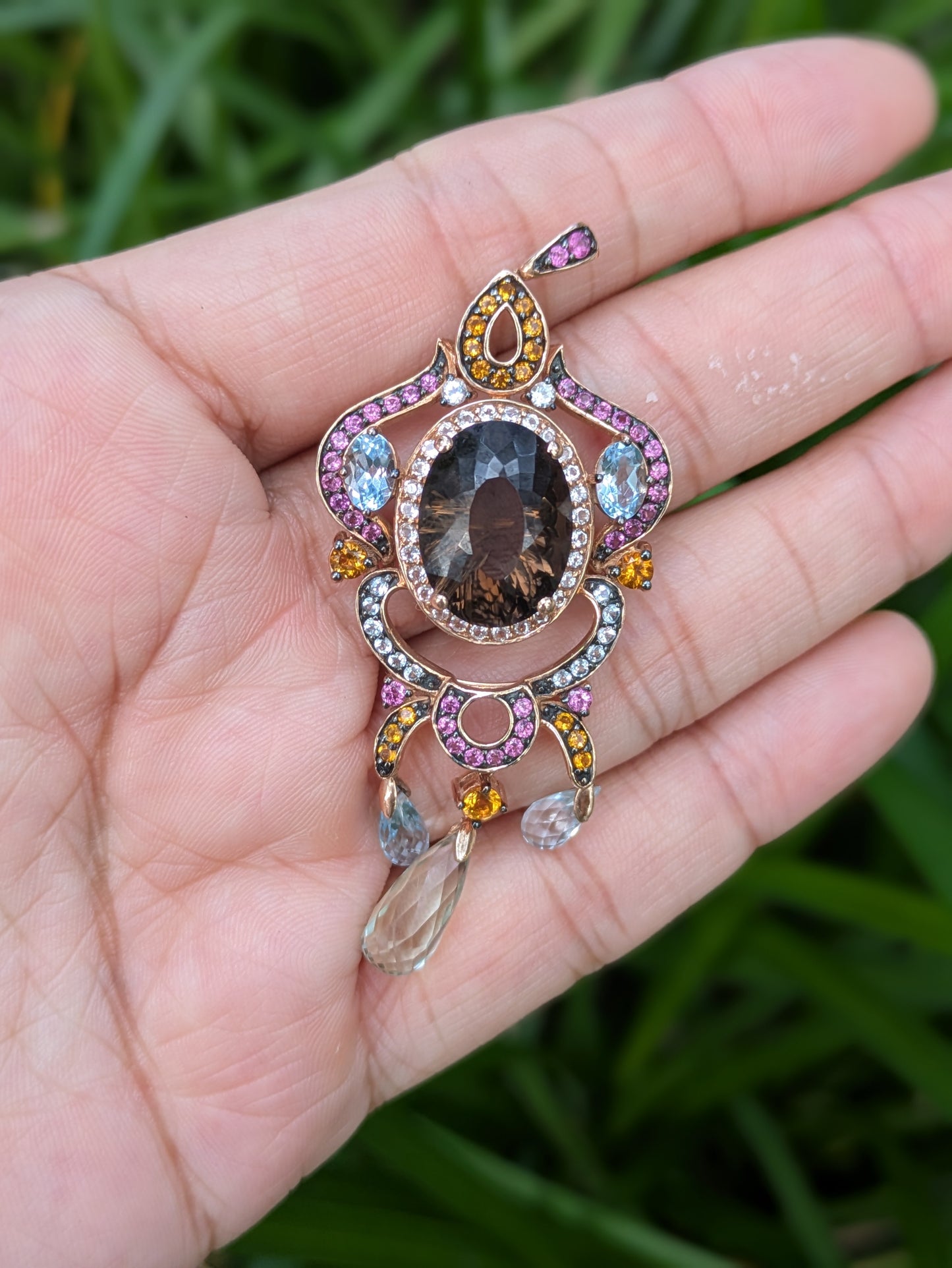 14k Modern Rose Gold Semi-Precious Topaz, Pink Sapphire, & Diamond Pendant