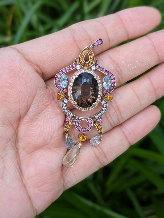 14k Modern Rose Gold Semi-Precious Topaz, Pink Sapphire, & Diamond Pendant
