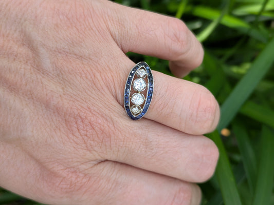 1920's 4 Old European Cut Diamonds and Sapphire Ring