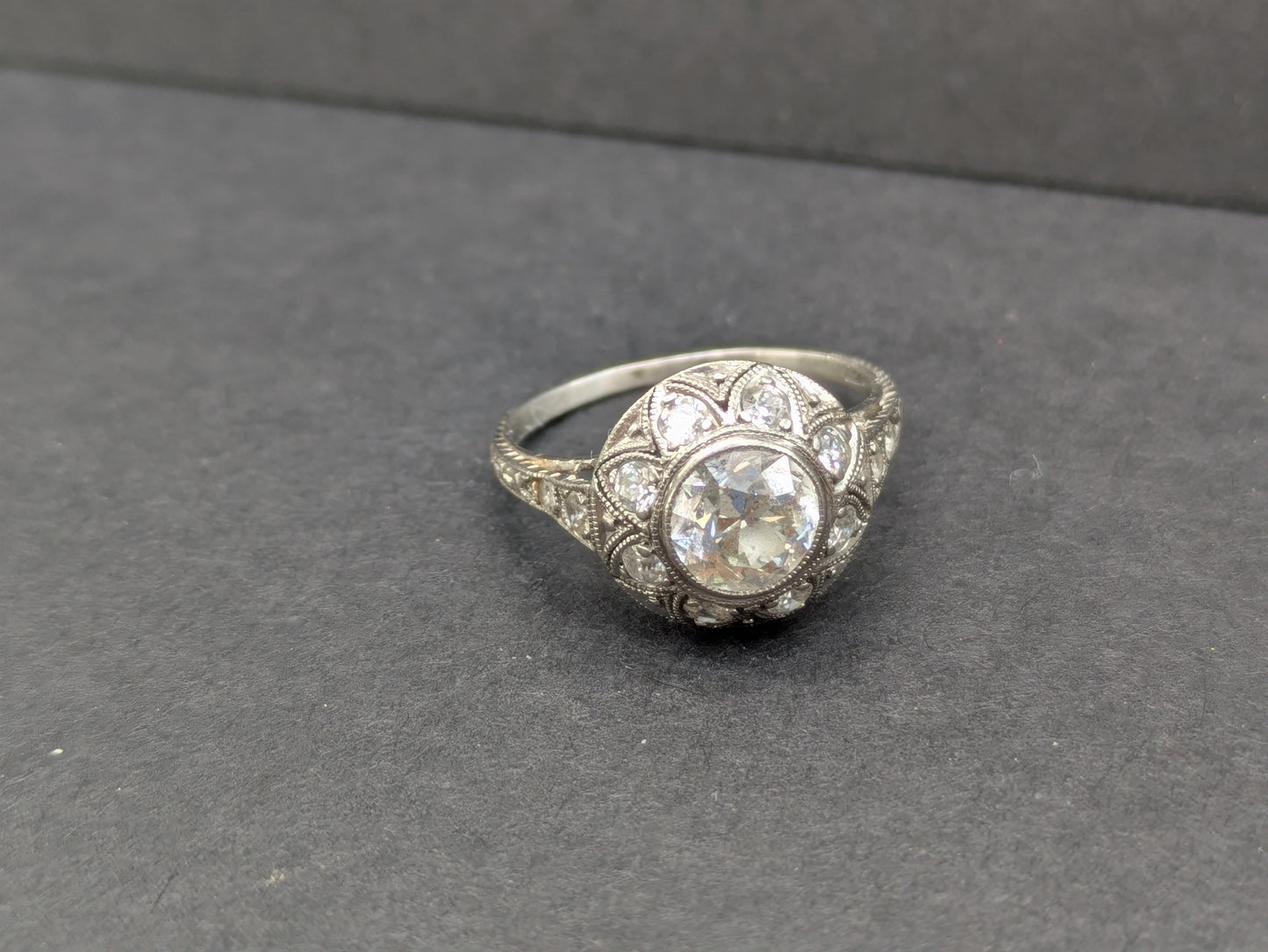 French Art Deco Platinum Old European Cut Diamond Ring with Diamond Halo