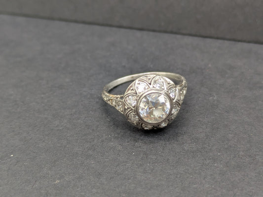 French Art Deco Platinum Old European Cut Diamond Ring with Diamond Halo