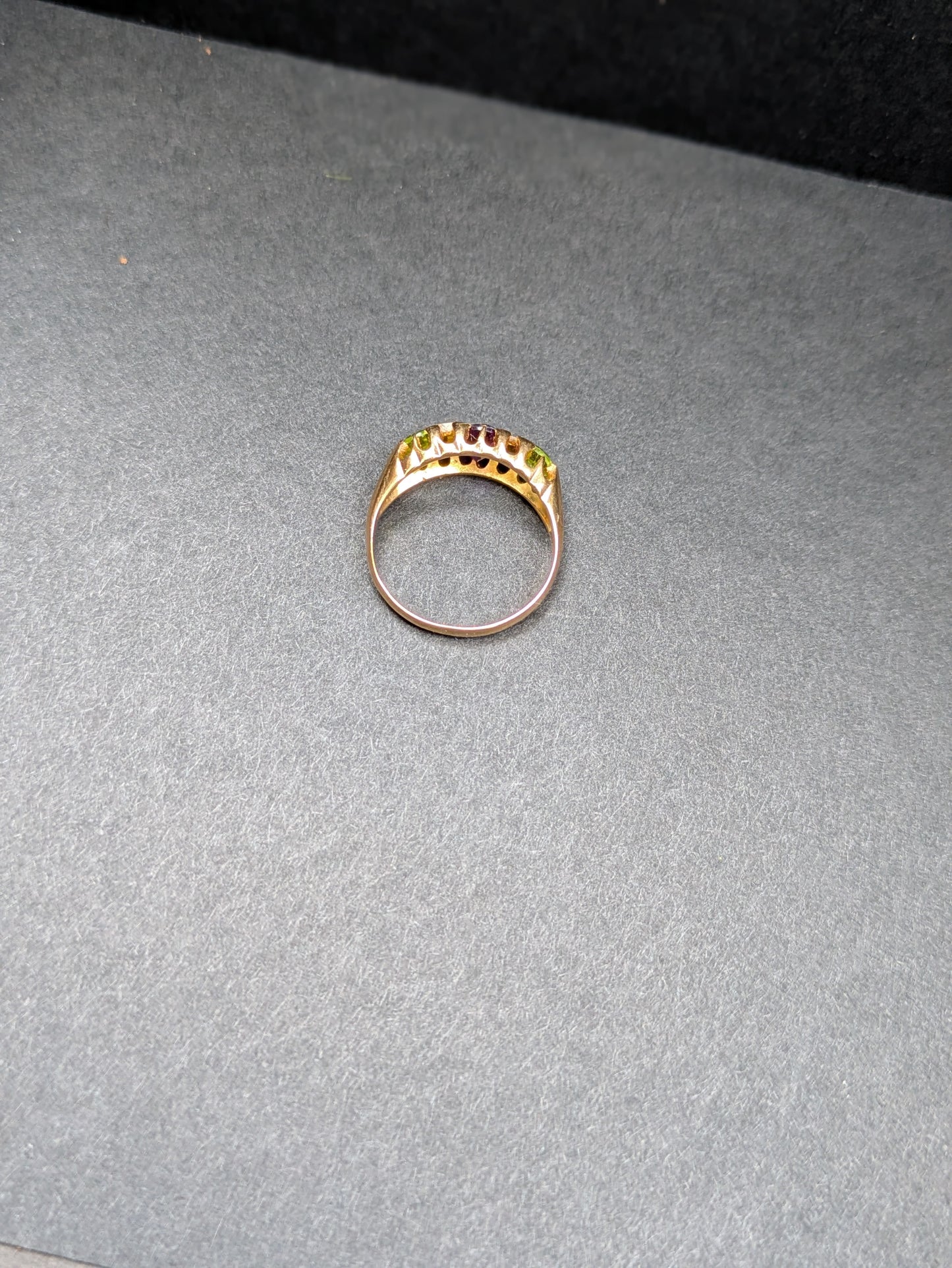 18k English Suffragette Ring with Peridot, Diamond, & Amethyst