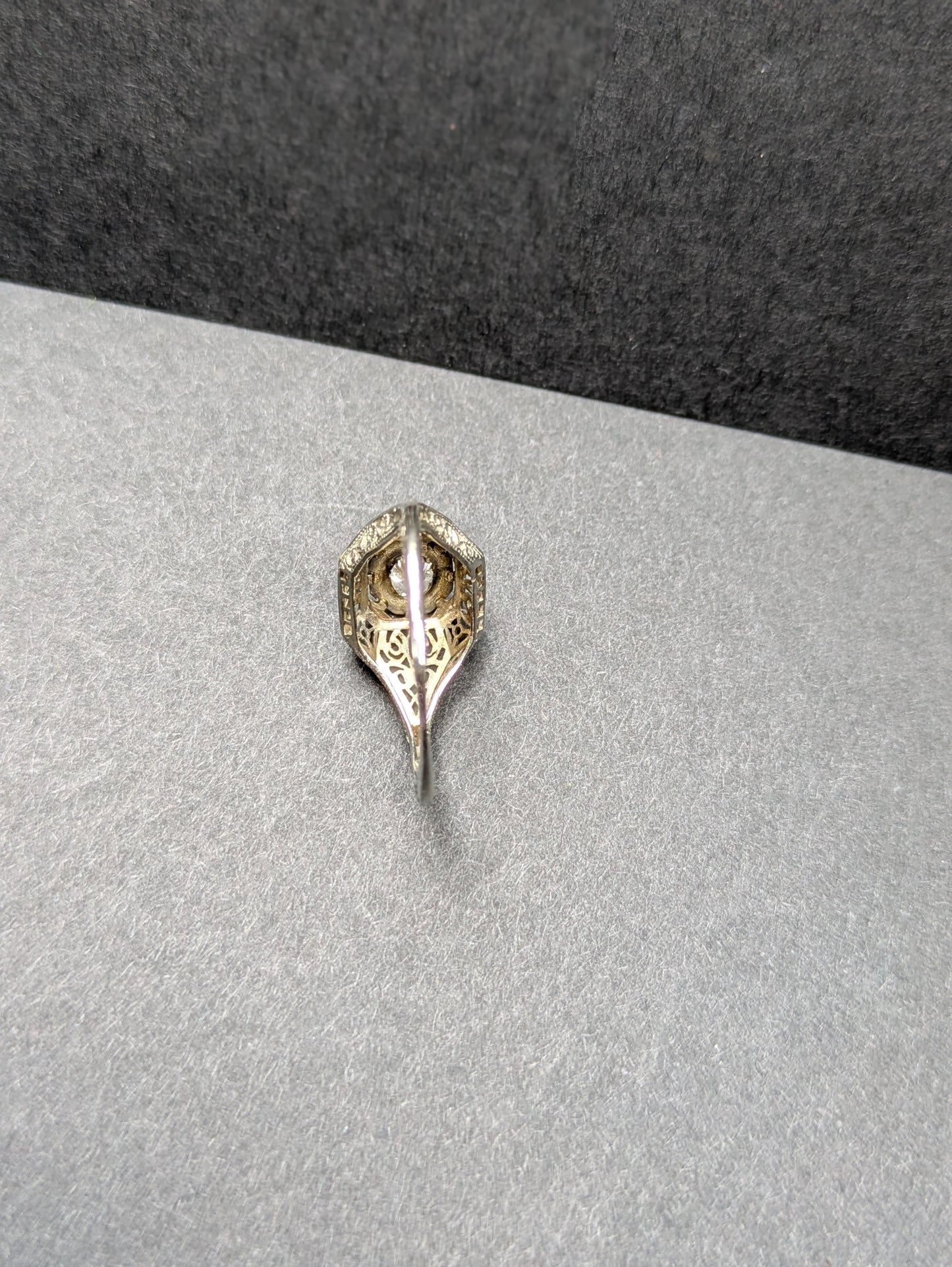 Edwardian 18k White Gold Filigree and Old European Cut Diamond Ring